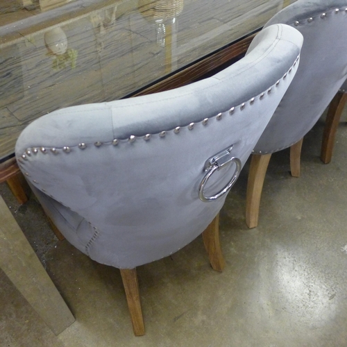 1586 - A glass topped railway sleeper dining table and a set of six Arlo grey velvet dining chairs