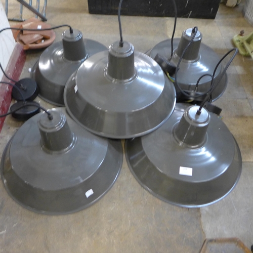 275 - A set of five industrial style enamelled hanging lights