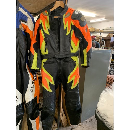2159 - Frank Thomas UK46 biker leather 2-piece (track leathers) suit, black, orange, lime