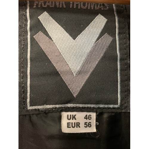 2159 - Frank Thomas UK46 biker leather 2-piece (track leathers) suit, black, orange, lime