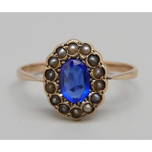 1041 - A Victorian 9ct gold, blue stone and pearl cluster ring, 1.5g, O