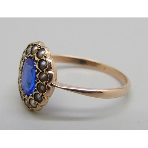 1041 - A Victorian 9ct gold, blue stone and pearl cluster ring, 1.5g, O