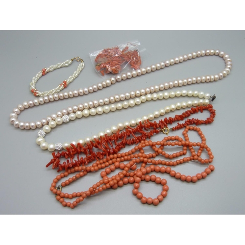 1045 - Coral and freshwater pearl jewellery, one coral string requires fasteners