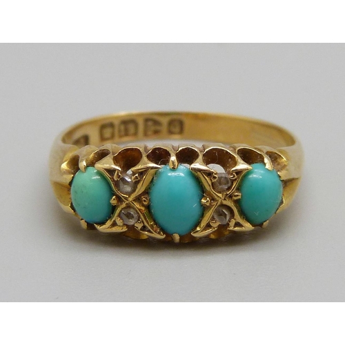 1048 - A late Victorian 18ct gold, turquoise and diamond ring, Chester 1899, 3.3g, K/L