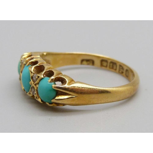 1048 - A late Victorian 18ct gold, turquoise and diamond ring, Chester 1899, 3.3g, K/L