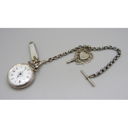 1057 - A silver fob watch, Albert chain, silver bladed knife and a fob medal with key attached