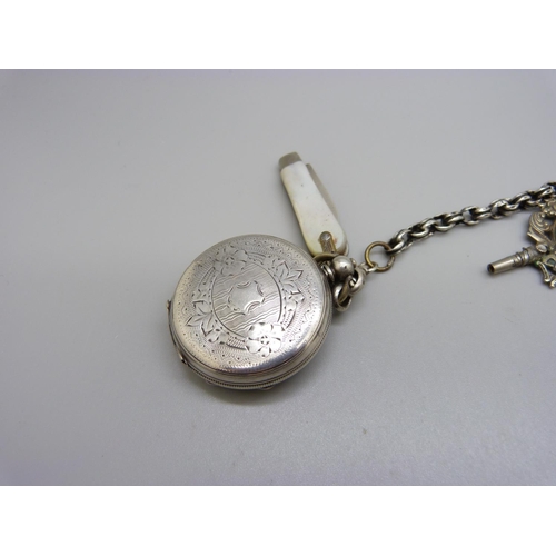 1057 - A silver fob watch, Albert chain, silver bladed knife and a fob medal with key attached