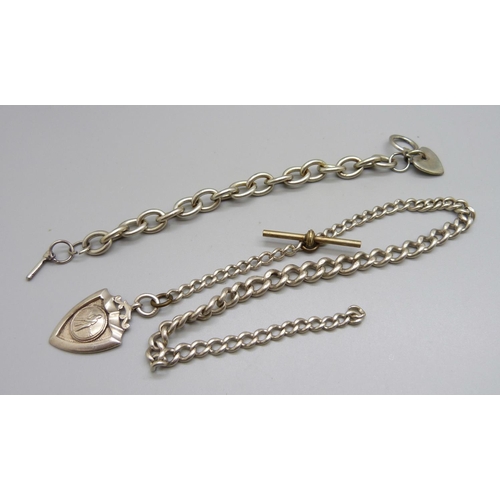 1067 - A silver Albert chain with silver cricket fob medal, 40g, (metal T-bar, lacking clip), and a plated ... 