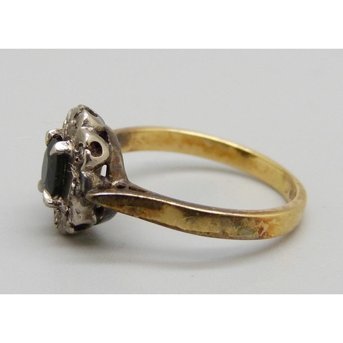 1070 - An 18ct gold, diamond and sapphire ring, 2.5g, I, marked 18c