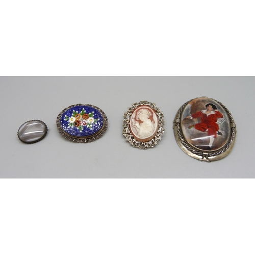 1073 - Four brooches; one large silver mounted brooch marked after Thomas Lawrence, cameo, micro-mosaic and... 