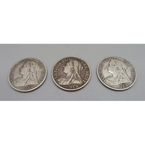 1080 - Three Victorian silver half-crowns, 41.5g