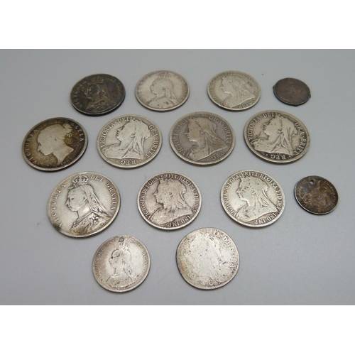 1081 - Fourteen 19th Century silver coins, Victorian and one William IV, 140g