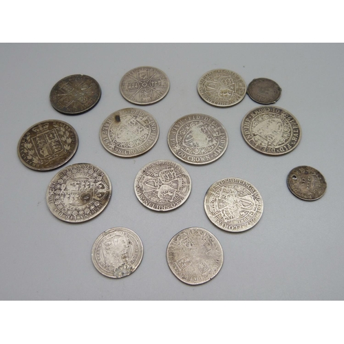 1081 - Fourteen 19th Century silver coins, Victorian and one William IV, 140g