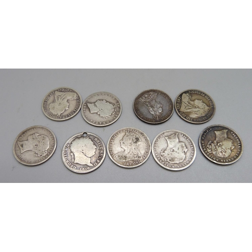 1082 - Nine 19th Century silver coins, 48.2g, one drilled