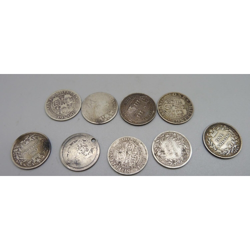 1082 - Nine 19th Century silver coins, 48.2g, one drilled