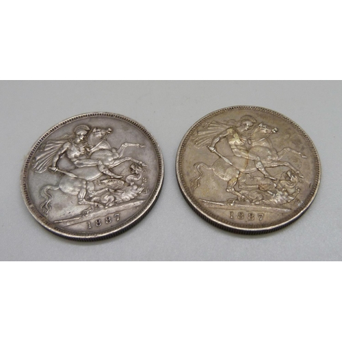 1083 - Two 1887 Victorian silver crowns, 56.6g