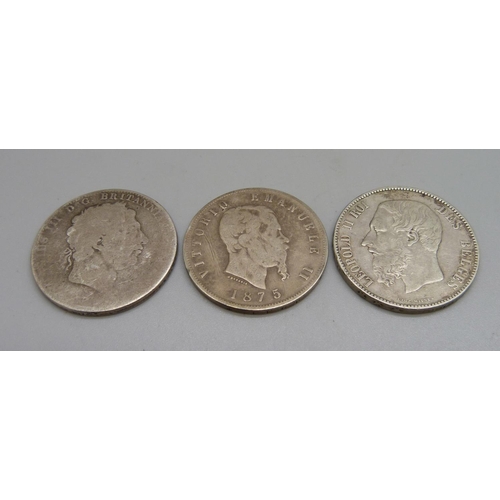 1086 - Three silver coins, George III crown, Italian 1875 5 lira and Leopold II 1870 5 francs