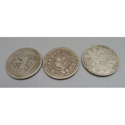 1086 - Three silver coins, George III crown, Italian 1875 5 lira and Leopold II 1870 5 francs