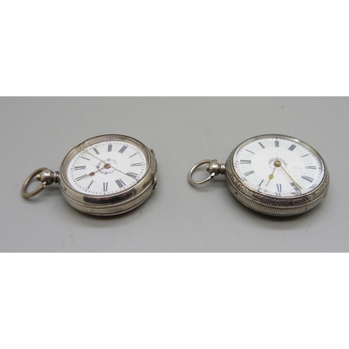 1087 - Two 800 silver fob watches, one glass cracked