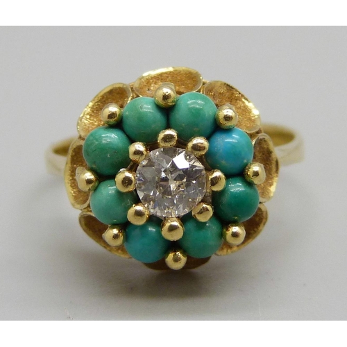 1089 - A yellow metal, turquoise and diamond ring, continental control marks on outer shank, 4.1g, O