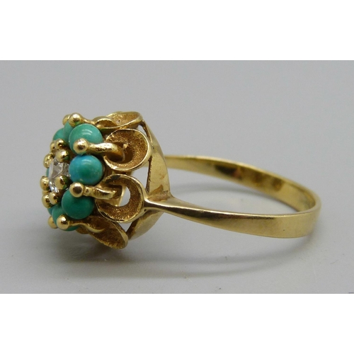 1089 - A yellow metal, turquoise and diamond ring, continental control marks on outer shank, 4.1g, O