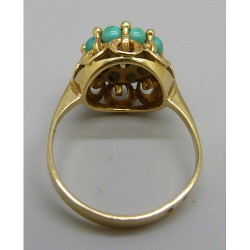 1089 - A yellow metal, turquoise and diamond ring, continental control marks on outer shank, 4.1g, O