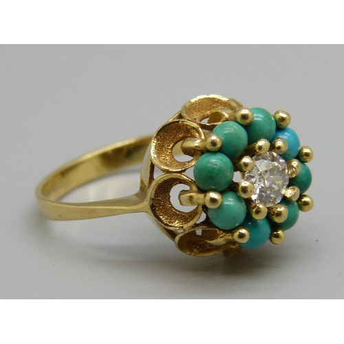 1089 - A yellow metal, turquoise and diamond ring, continental control marks on outer shank, 4.1g, O