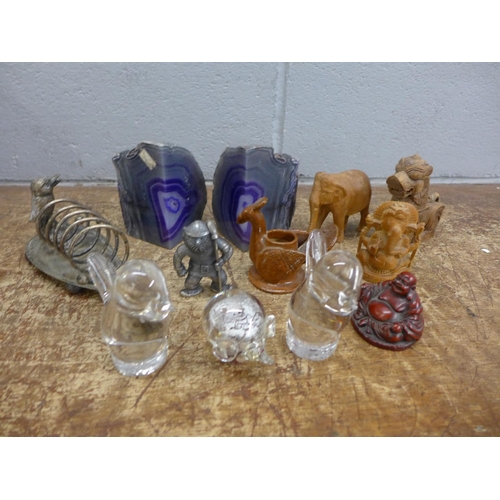 1107 - A collection of wooden and glass animal figures, minerals and metalware **PLEASE NOTE THIS LOT IS NO... 