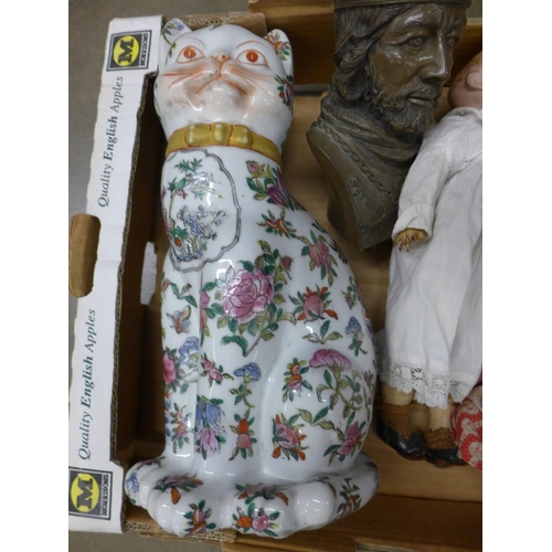 1128 - Two ceramic cats, two dolls, a bust of Richard the Lionheart and a Lincoln choir plaque