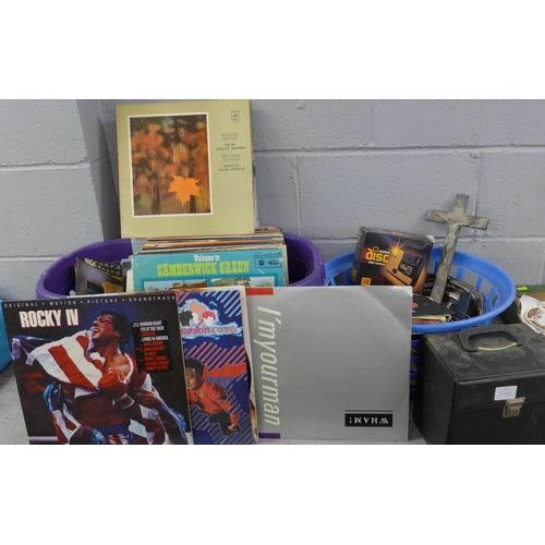 1132 - A box of records and a basket of assorted items including plated ware, glass and cameras **PLEASE NO... 