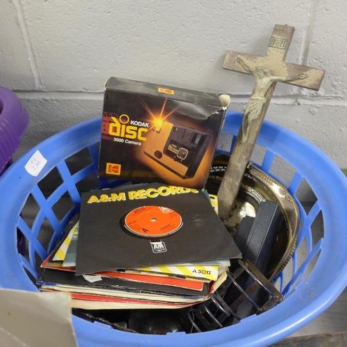 1132 - A box of records and a basket of assorted items including plated ware, glass and cameras **PLEASE NO... 