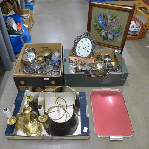 1156 - Three boxes of metal wares, brass table lamp and a tapestry fire screen **PLEASE NOTE THIS LOT IS NO... 