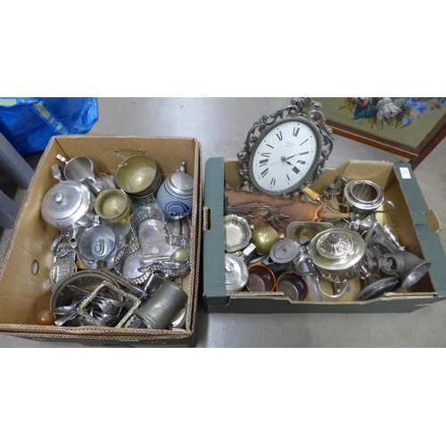 1156 - Three boxes of metal wares, brass table lamp and a tapestry fire screen **PLEASE NOTE THIS LOT IS NO... 