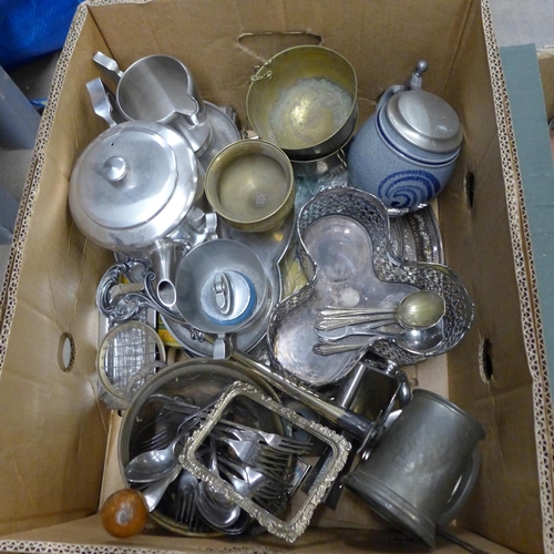 1156 - Three boxes of metal wares, brass table lamp and a tapestry fire screen **PLEASE NOTE THIS LOT IS NO... 