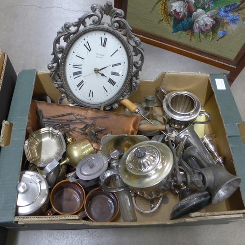 1156 - Three boxes of metal wares, brass table lamp and a tapestry fire screen **PLEASE NOTE THIS LOT IS NO... 