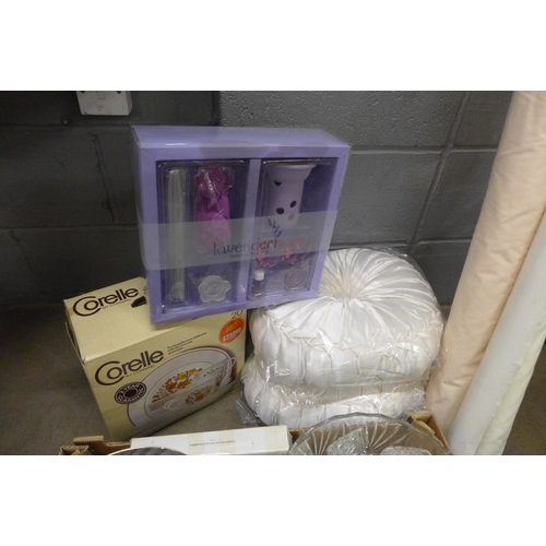 1163 - Assorted items; a glass display cabinet, decorative items, tea-ware and rolls of fabric**PLEASE NOTE... 