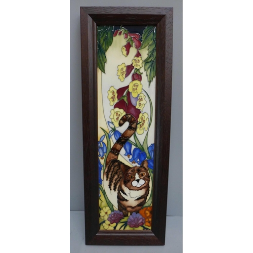 611 - A Moorcroft rectangular picture tile, Cat Nap (Tabby), designed by Rachel Bishop, frame 14cm wide