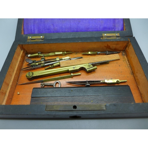 616 - A Victorian drawing set, c.1889, with proficiency award certificate, some veneer a/f