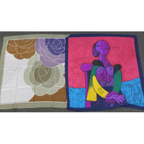 652 - A Dior scarf, a Loewe scarf and two other silk scarves, one depicting horses