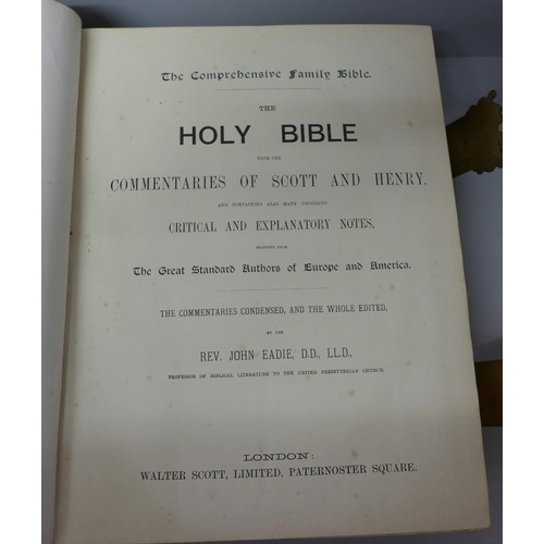 754 - A large Holy Bible, edited by Rev. John Eadie, with color plates, tooled cover, gilt metal corners a... 