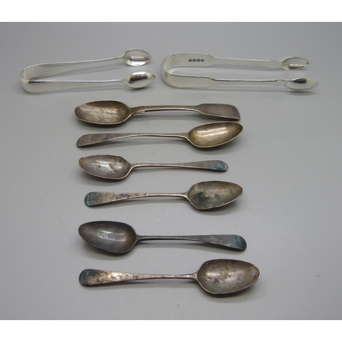 822 - Two pairs of silver sugar bows and six silver spoons, 133g