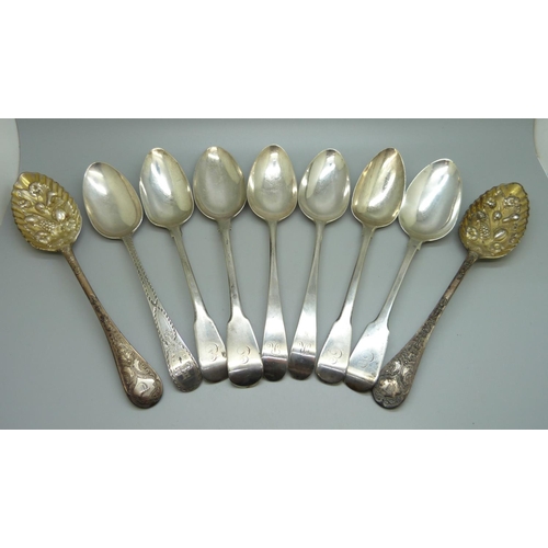 835 - Three pairs of silver serving spoons, one pair by Hester Bateman and one pair by Peter & William Bat... 