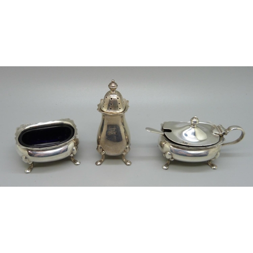 836 - A three piece silver condiment set, 113g