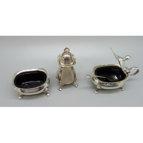 836 - A three piece silver condiment set, 113g