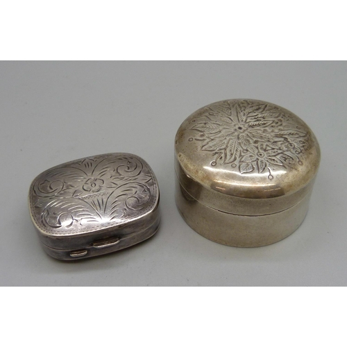 840 - Two 925 silver pill boxes, with import marks, 55g, circular box 48mm in diameter