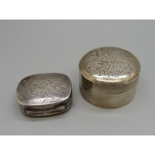 840 - Two 925 silver pill boxes, with import marks, 55g, circular box 48mm in diameter