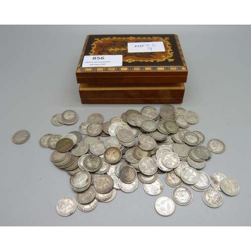 856 - A collection of silver 3d coins, mainly pre 1920 including some Victorian, 202g