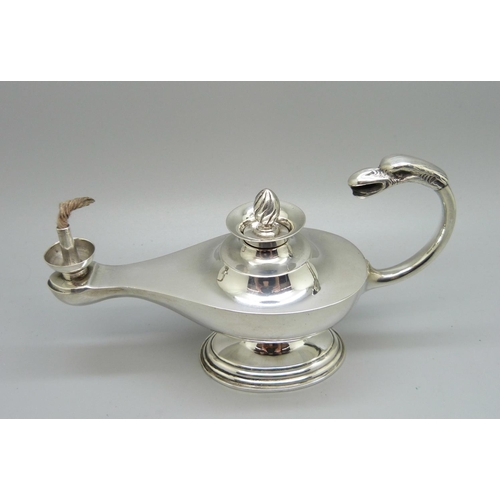 858A - A silver oil lamp table lighter, Birmingham 1901, S. Blanckensee & Son Ltd., all four parts marked, ... 