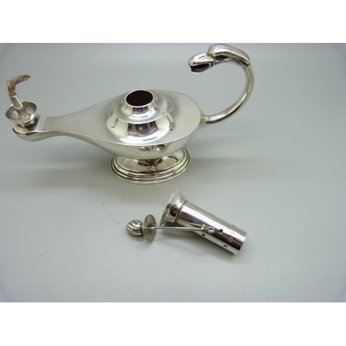 858A - A silver oil lamp table lighter, Birmingham 1901, S. Blanckensee & Son Ltd., all four parts marked, ... 