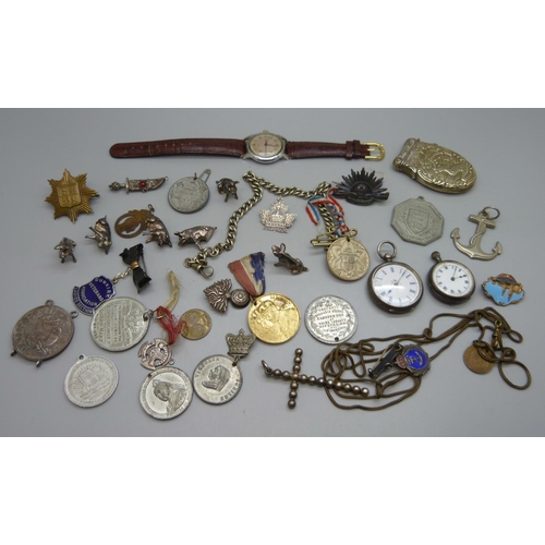 904 - Two silver fob watches, a wristwatch, a vesta case, coins, etc.